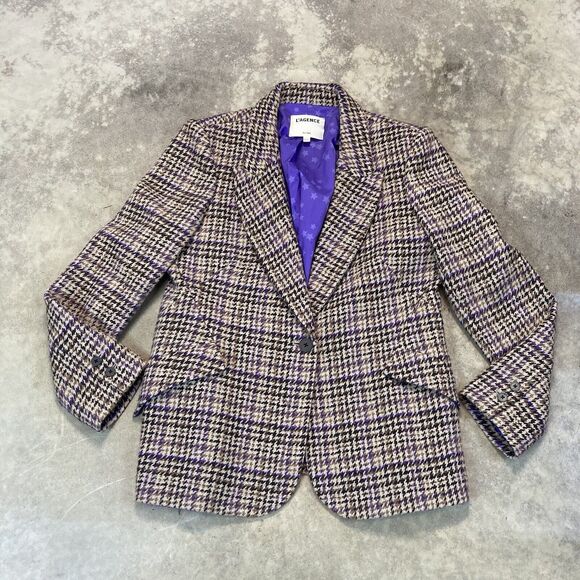 L'Agence Revolve Blazer‎ Womens 10 Chamberlain Houndstooth Jacket Tan Multicolor - Picture 1 of 9